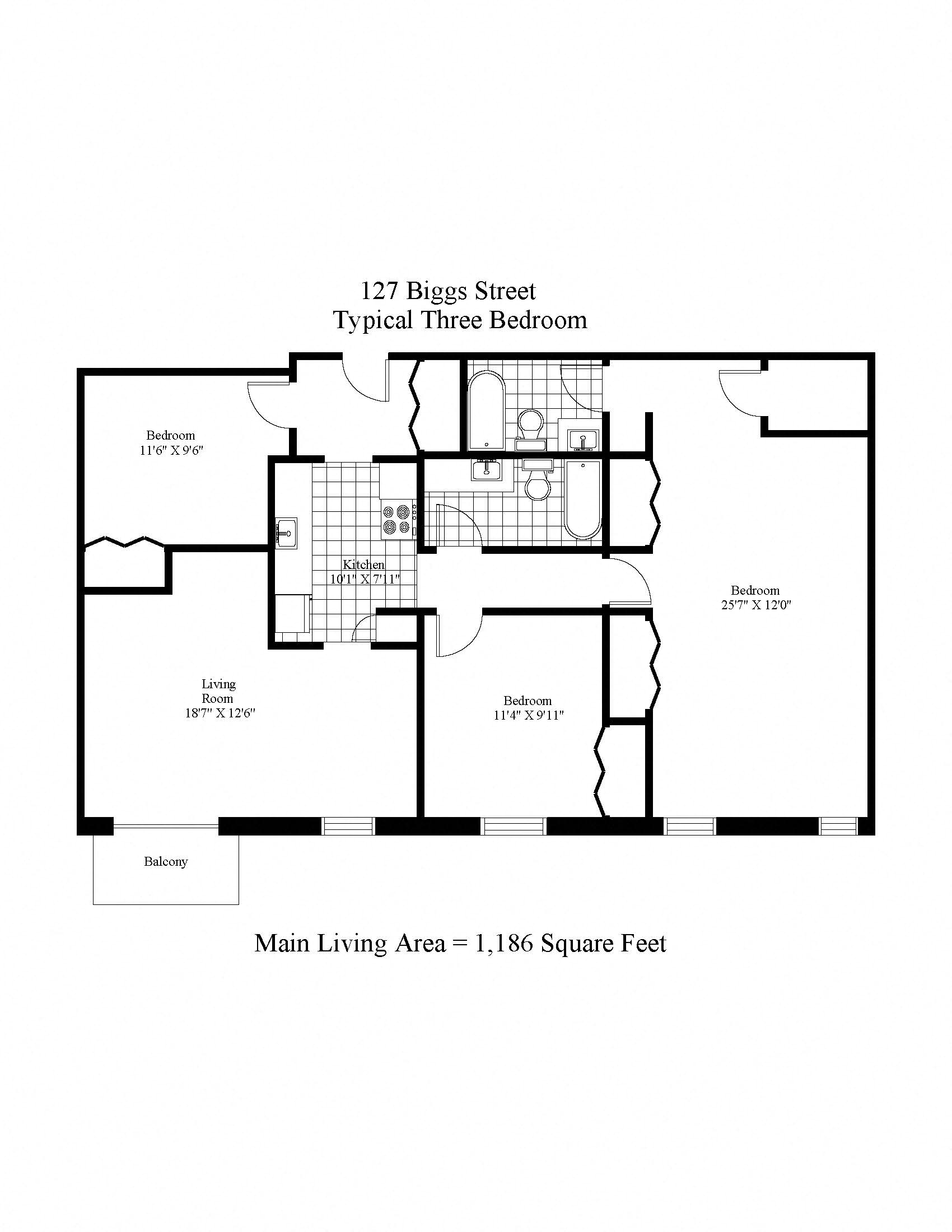 Floor plan for 3 beds, 1 bath, 1186 sqft